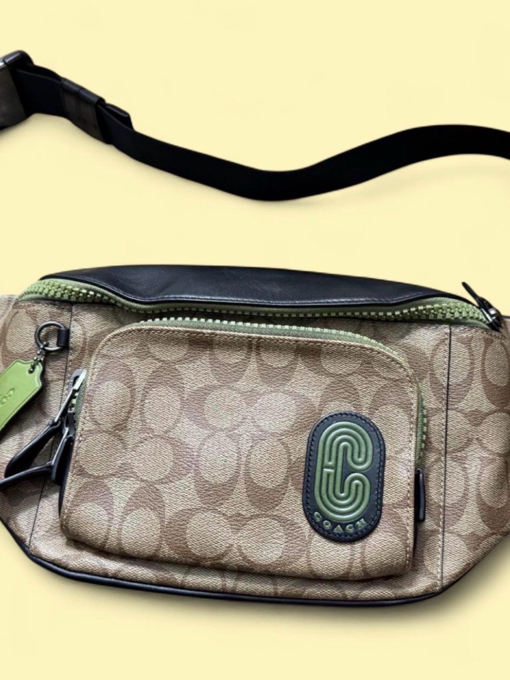 Coach Tan Signature Canvas Belt Bag with Green Trim
